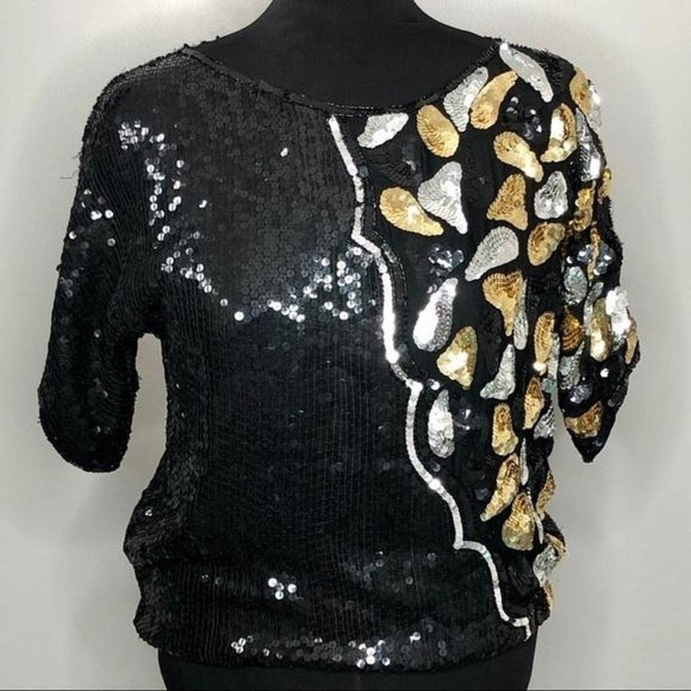 JLB Silk & Sequin Top Vintage animal print  oversized‎ size small super - Picture 5 of 8